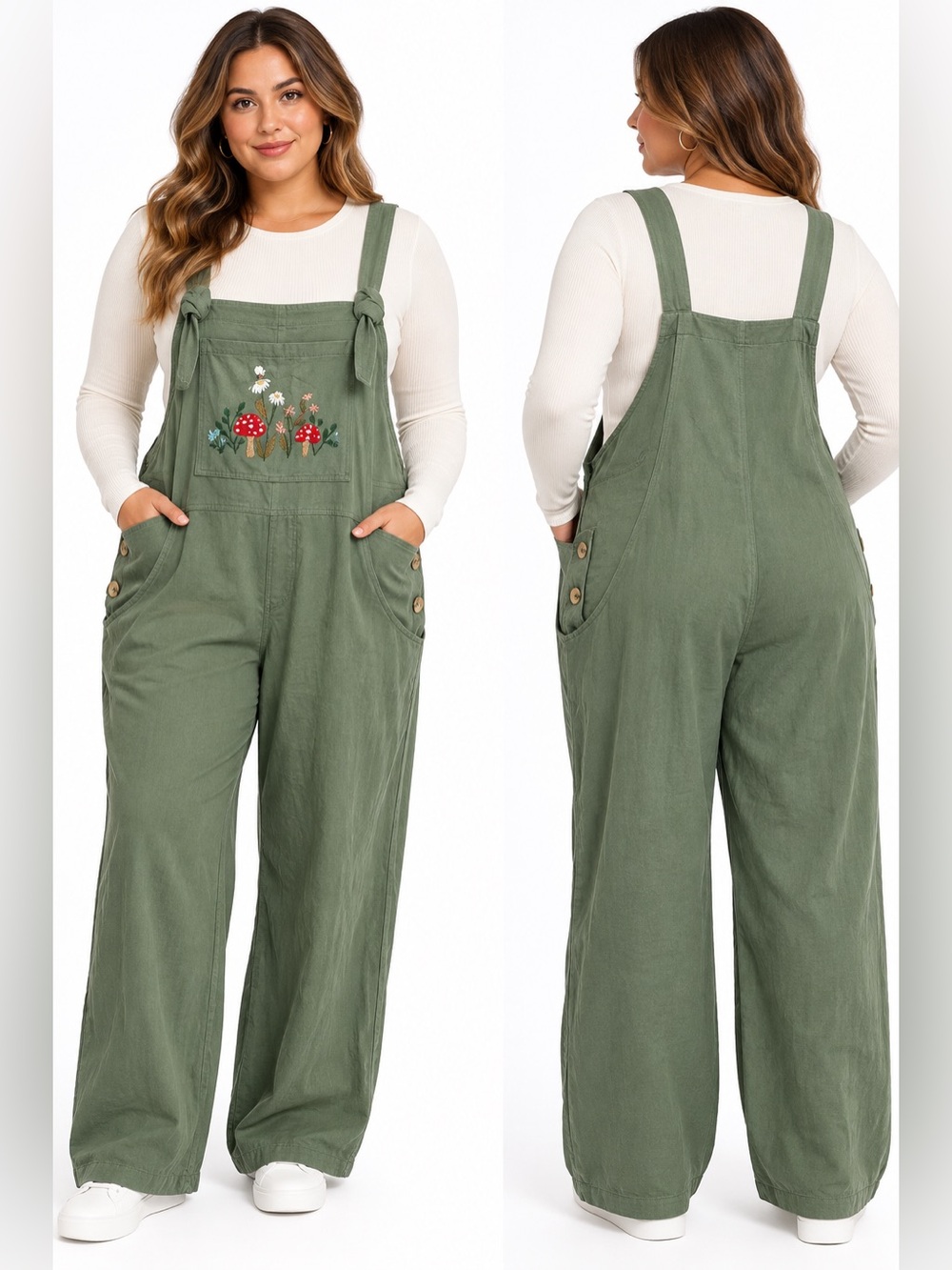CIDER Corduroy Square Neck Mushroom Pattern Jumpsuit Green 1XL